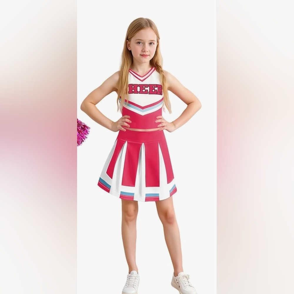 New Girls Pink Cheerleader Two-Piece Cheer Dress With Matching Hairclip